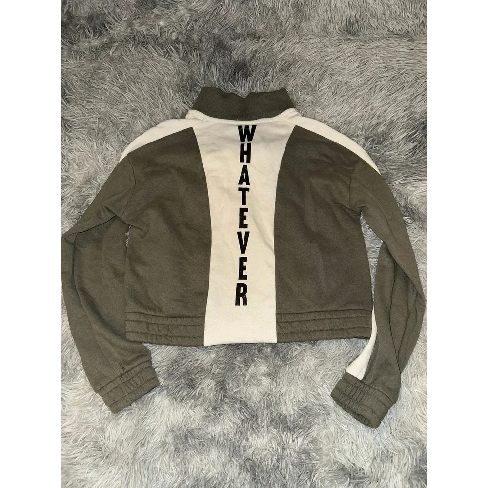 Primark Girls Olive Green Cream Whatever Quarter Zip Cropped Sweatshirt SZ 13-14